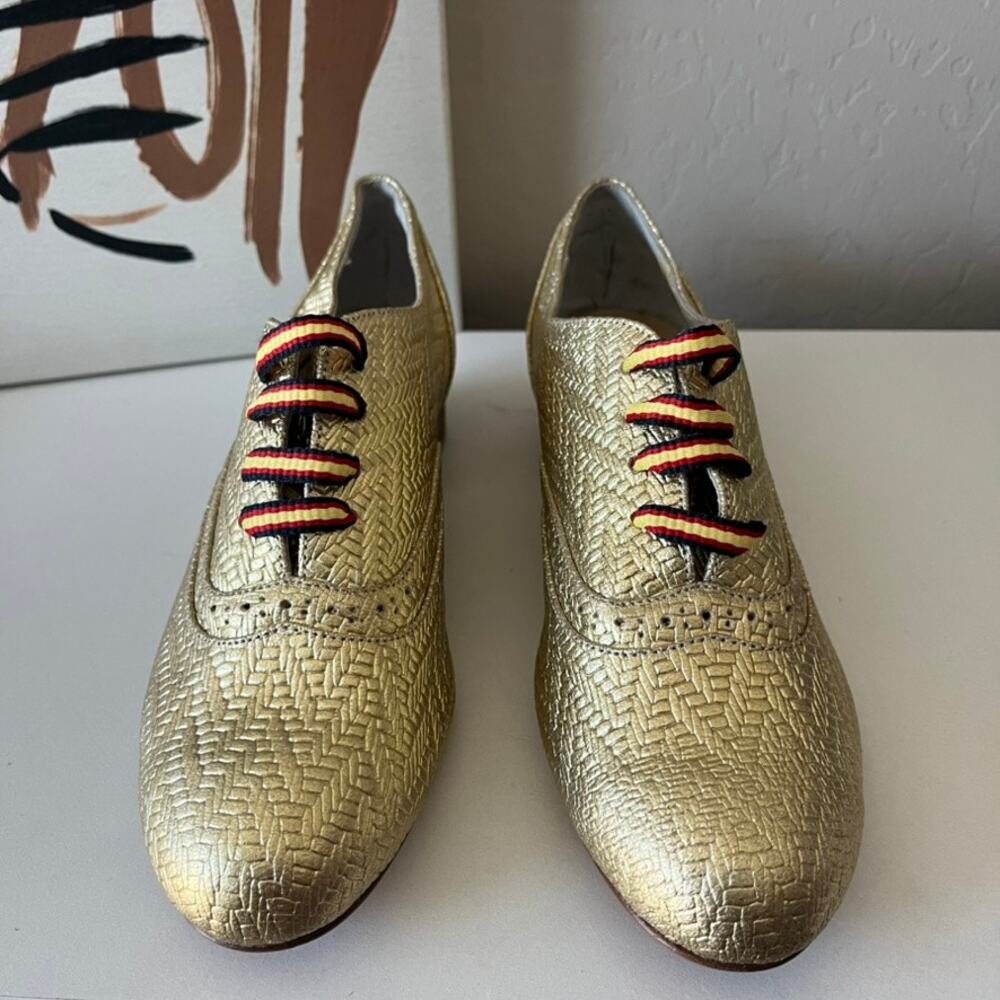 i’alave Metallic Gold Chevron Textured Lace Up Leather Oxford Shoes Size 37 - Picture 2 of 7